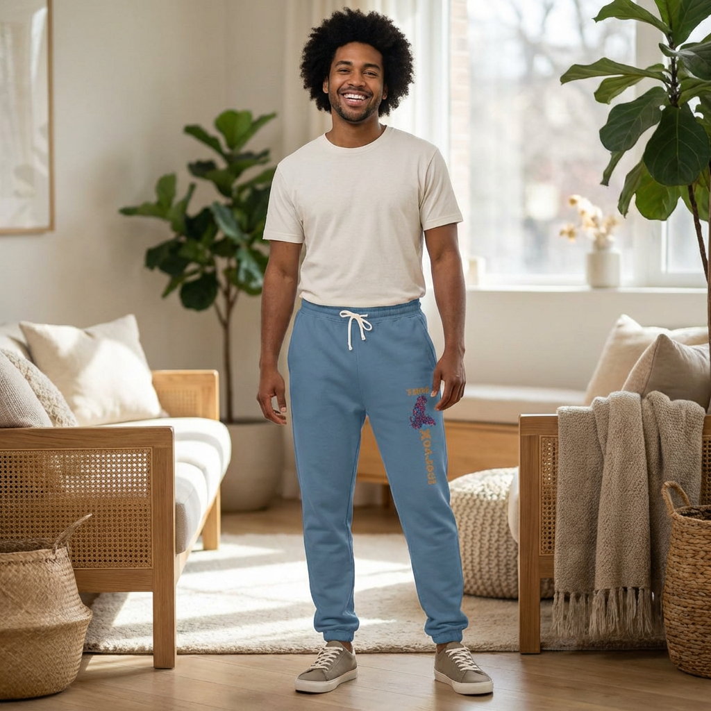 Man standing in a living room wearing blue sweatpants with a colorful design.