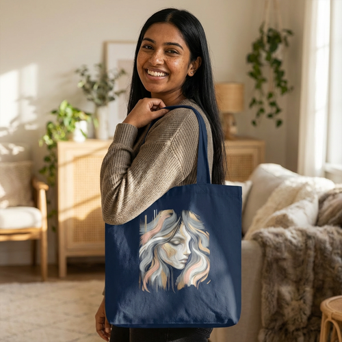 Woman holding a blue tote bag with a artistic design of a face in a living room.