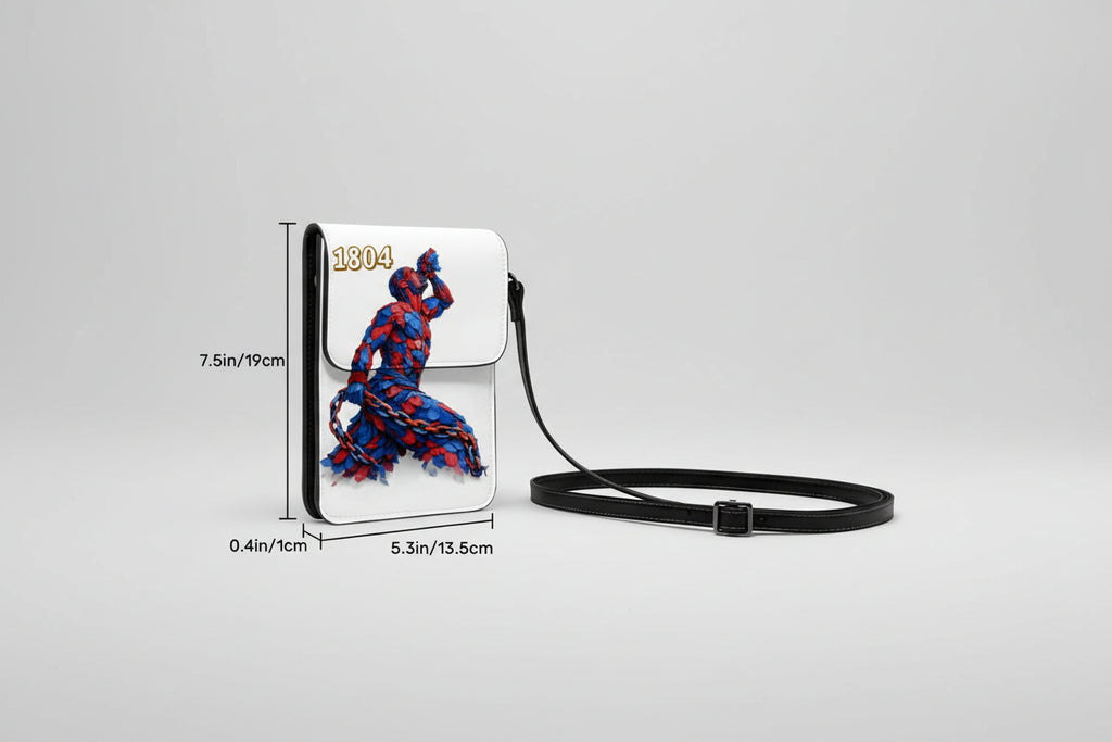 Measurement chart of a bag with a design of a person in red and blue attire, labeled '1804'.