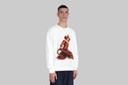 Person wearing a white sweatshirt with a colorful graphic design on a plain background