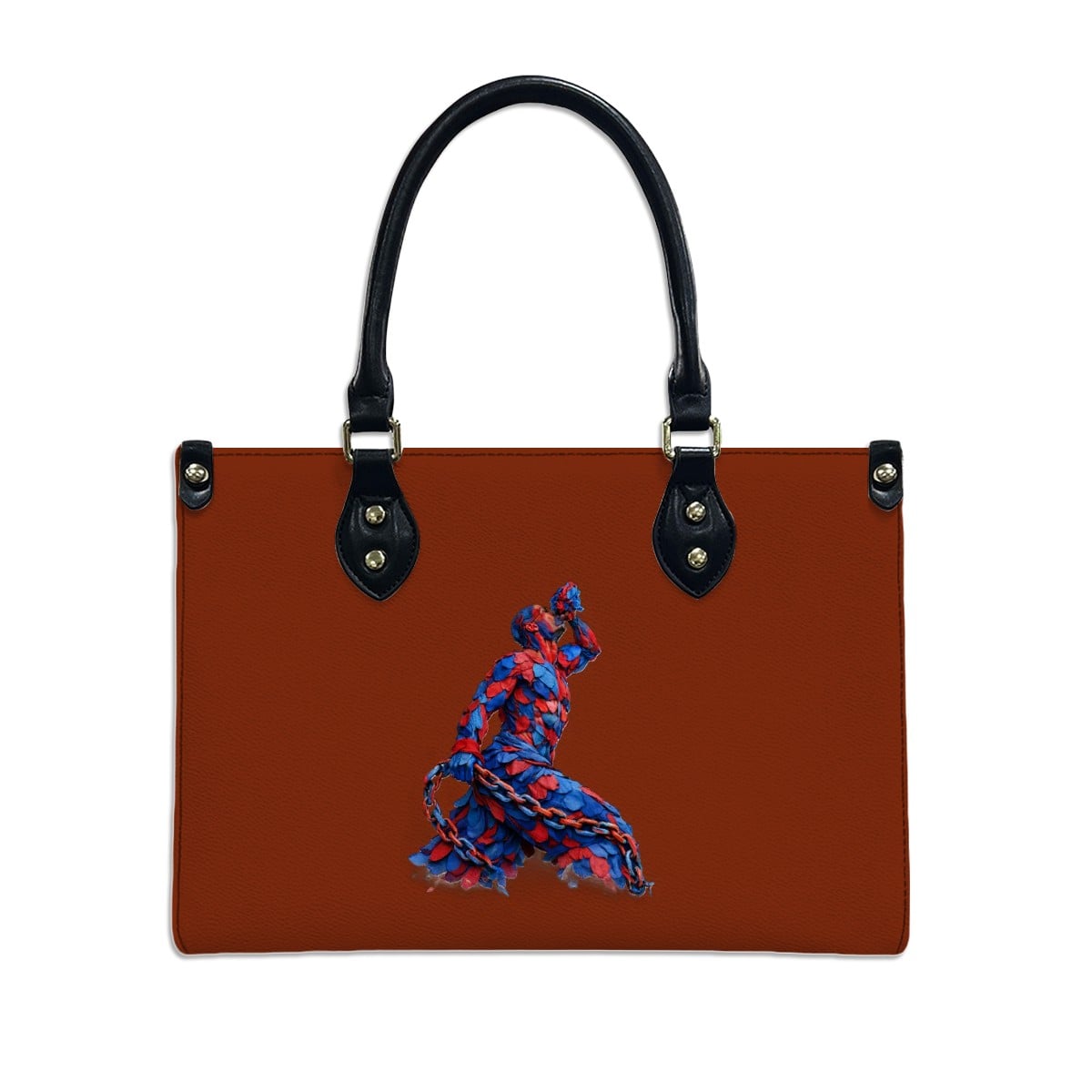 Brown handbag with black handle and blue and red floral design on a white background