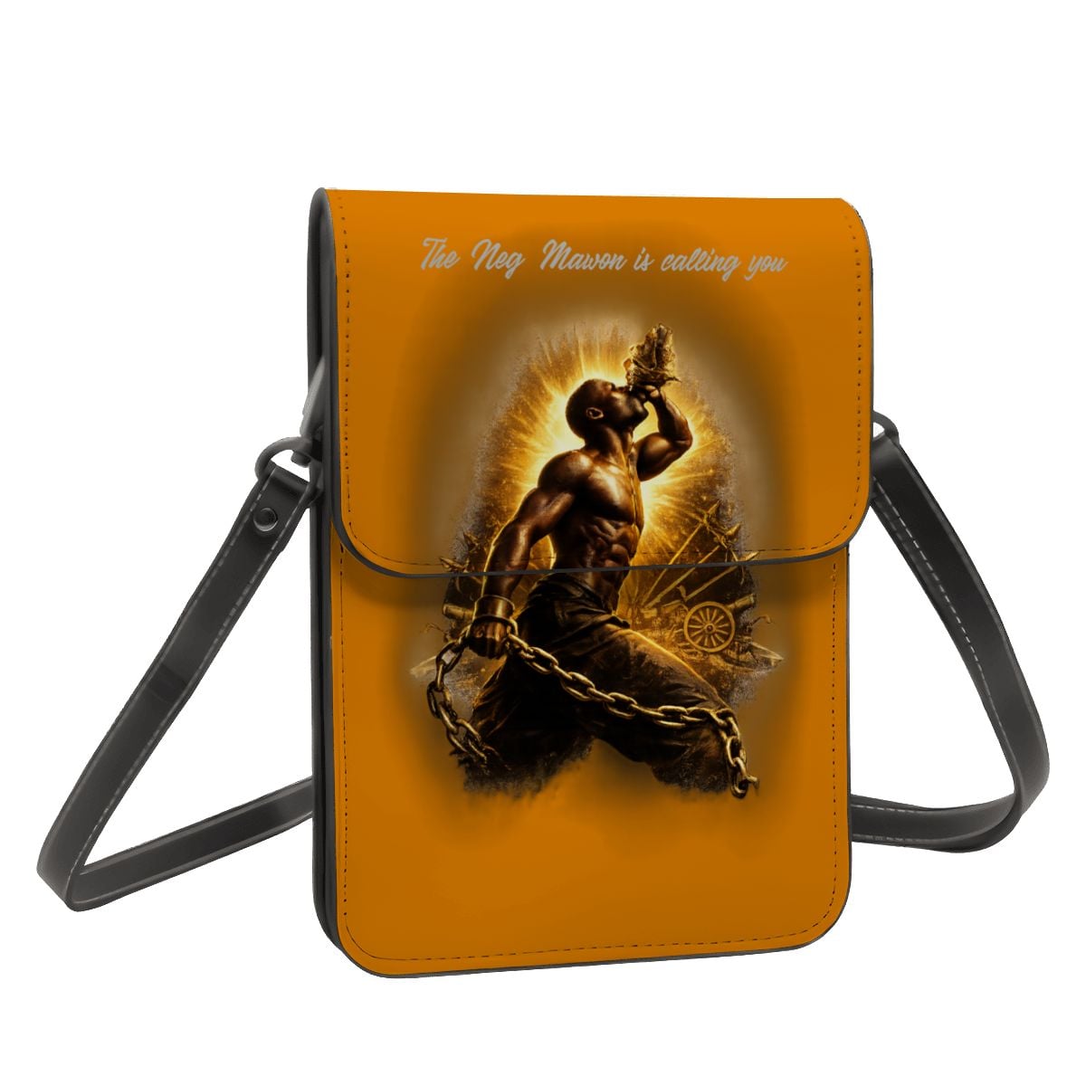 Orange crossbody bag with a graphic design of a person breaking chains on a white background