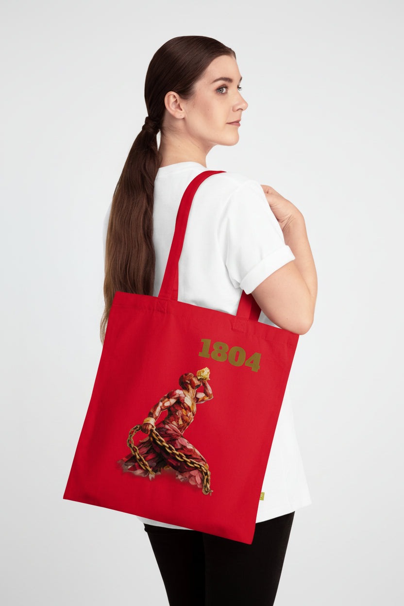 Woman wearing a red tote bag with a bear graphic and '1804' text on a white background