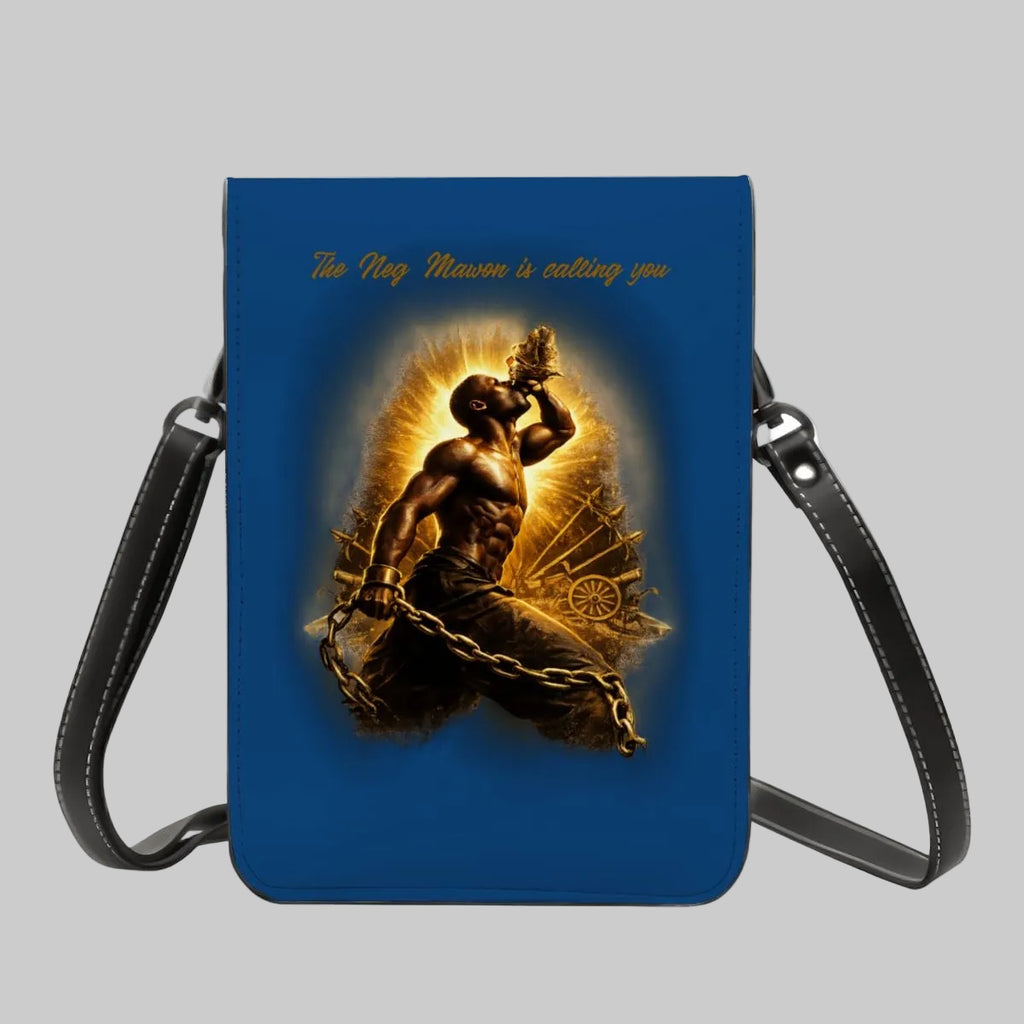 Blue crossbody bag with a graphic of a man and text on a white background