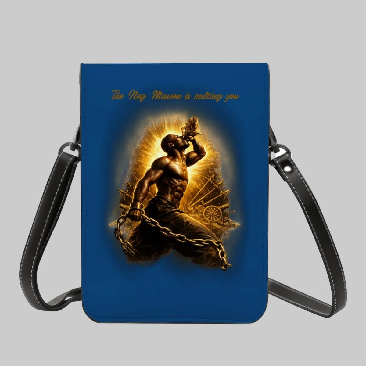 Blue crossbody bag with a graphic of a man and text on a white background
