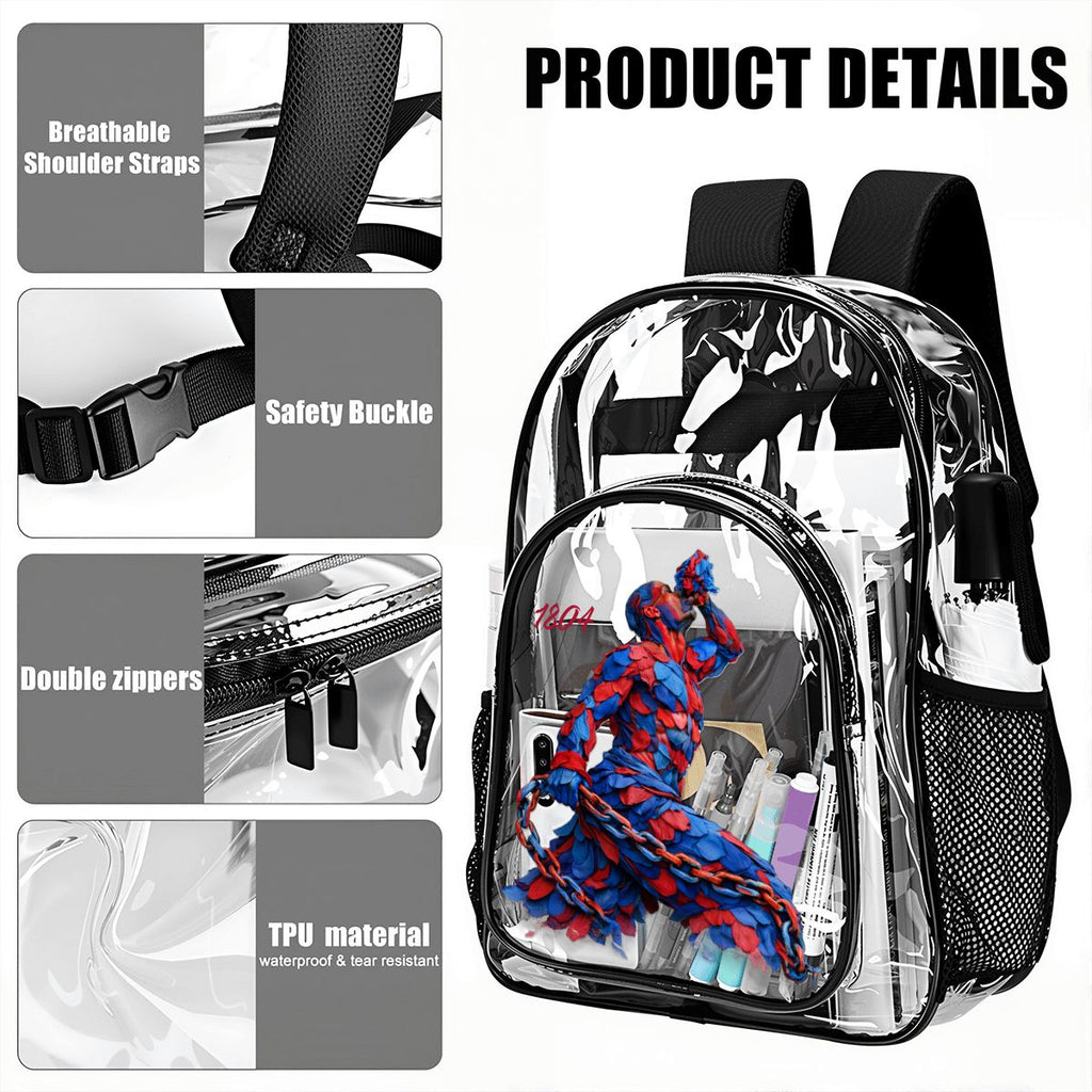 Clear backpack with Spider-Man toy and stationery items, featuring product details on a white background.