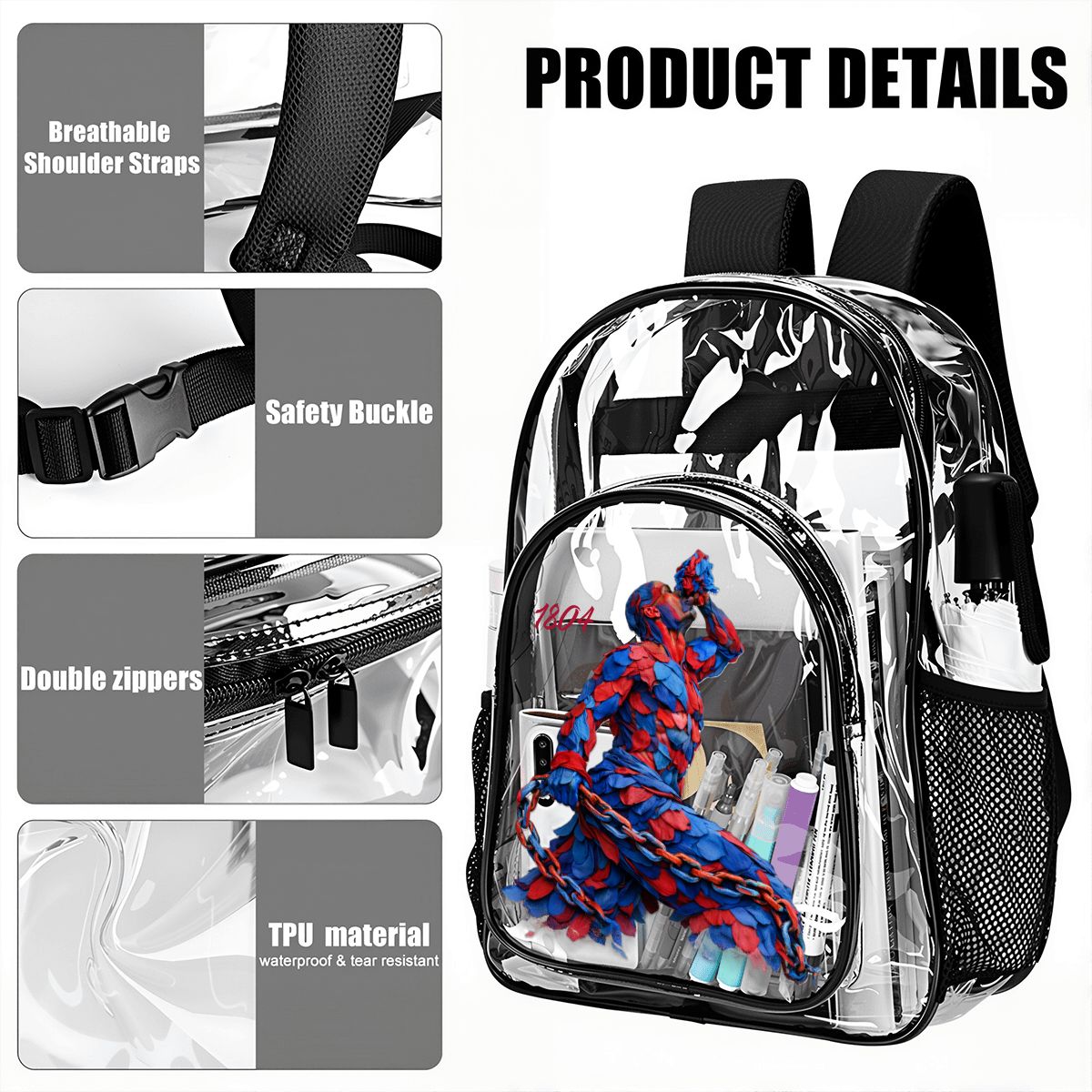 Clear backpack with Spider-Man toy and stationery items, featuring product details on a white background.