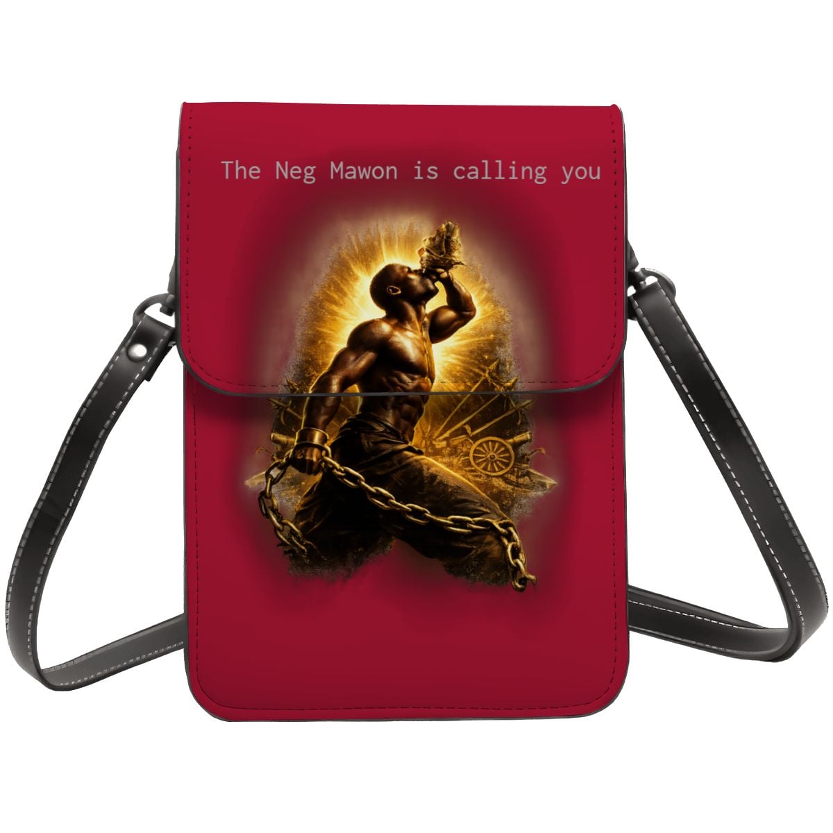 Red crossbody bag with a gold graphic of a figure and text on a white background