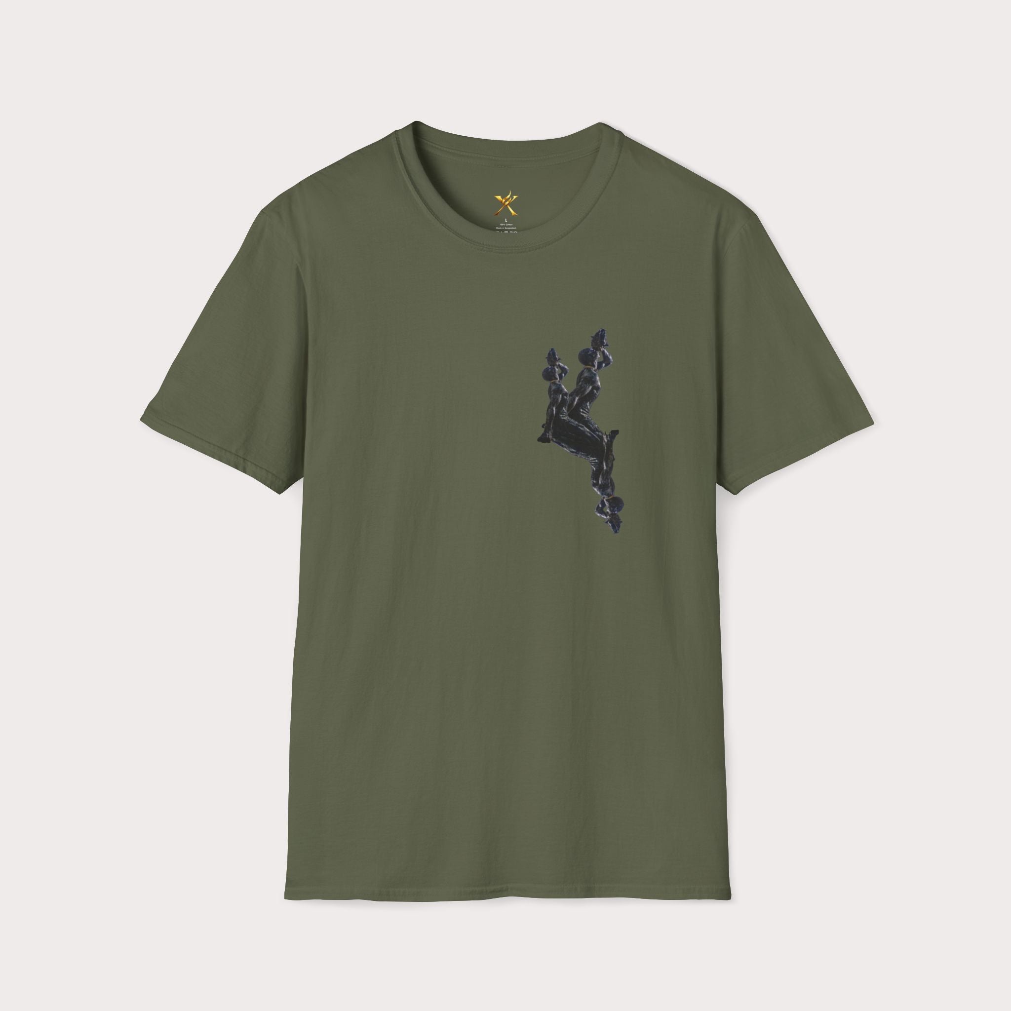 Green t-shirt with a graphic design on a light gray background