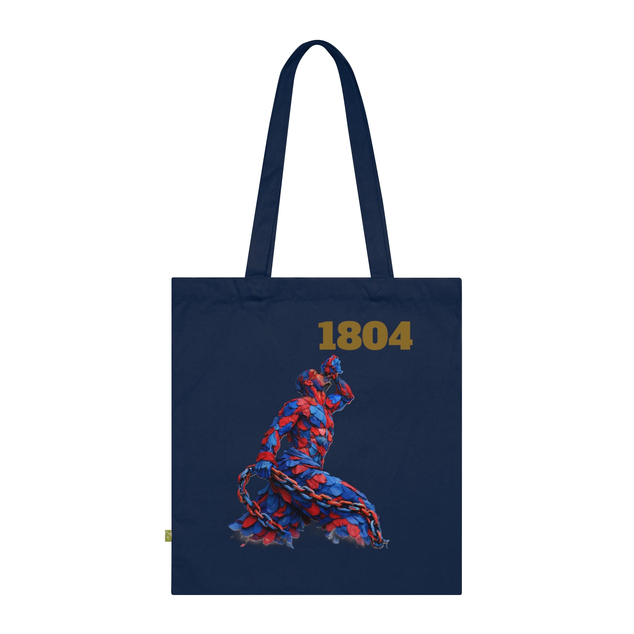 Navy tote bag with a colorful design and '1804' text on a white background