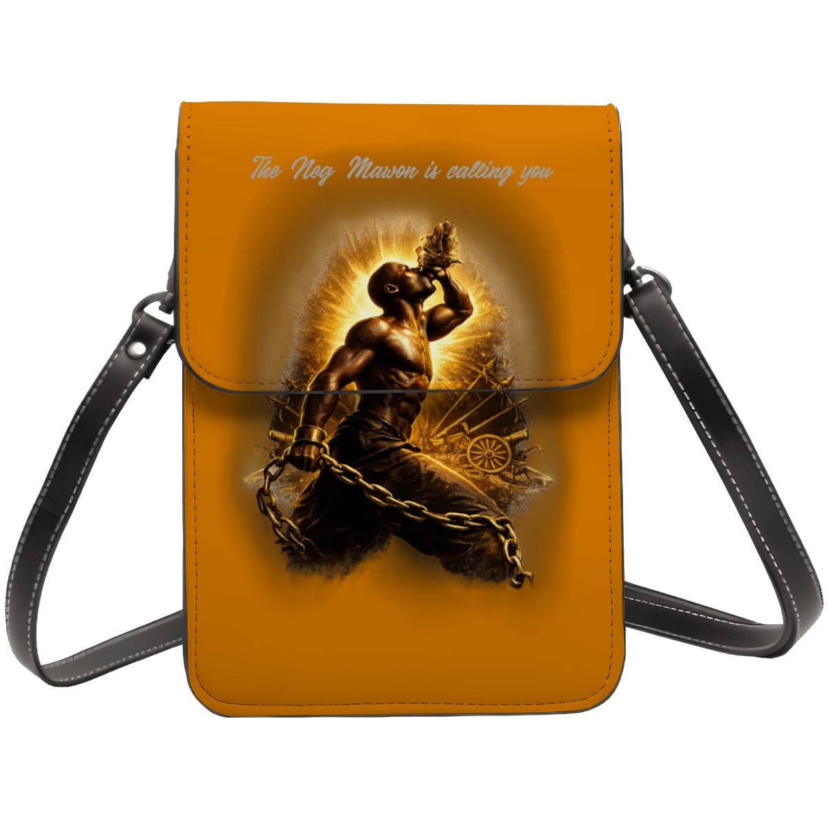 Orange crossbody bag with a graphic of a muscular figure and text on a white background
