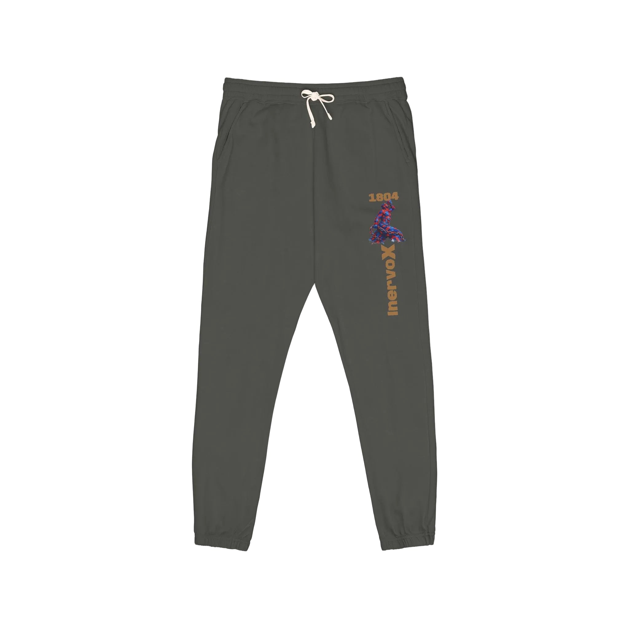 Dark gray sweatpants with a colorful logo on a white background