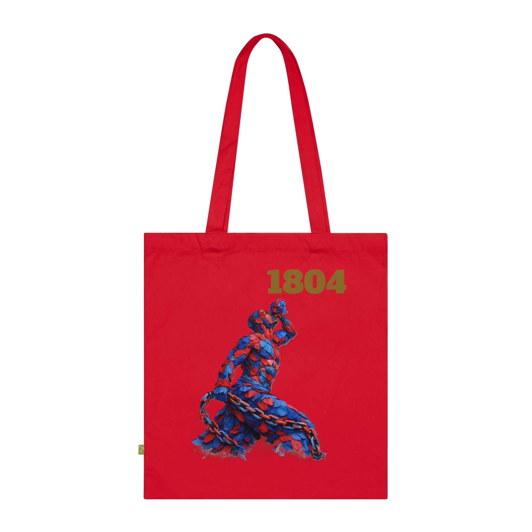 Red tote bag with a blue and red graphic design and '1804' text on a white background