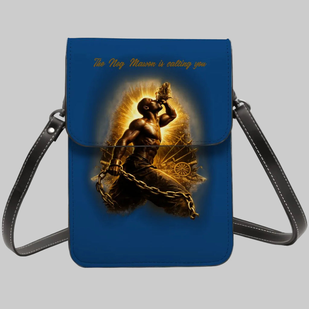 Blue crossbody bag with a graphic of a man holding a torch and text on a white background