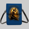 Blue crossbody bag with a graphic of a man holding a torch and text on a white background