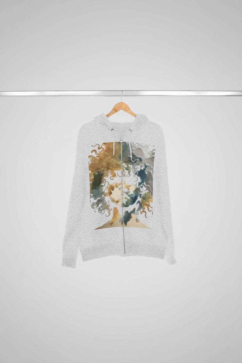 Gray hoodie with a colorful abstract design on a hanger against a white background