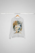 Gray hoodie with a colorful abstract design on a hanger against a white background