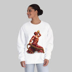 Woman wearing a white sweatshirt with a colorful graphic design on a plain background