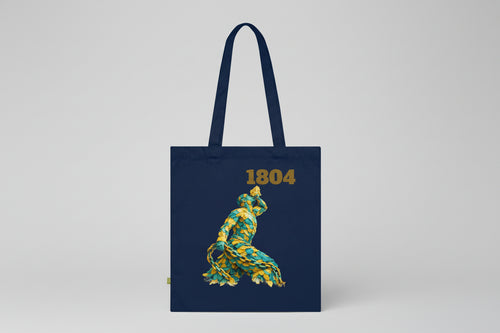 Navy tote bag with a colorful design and '1804' text on a white background