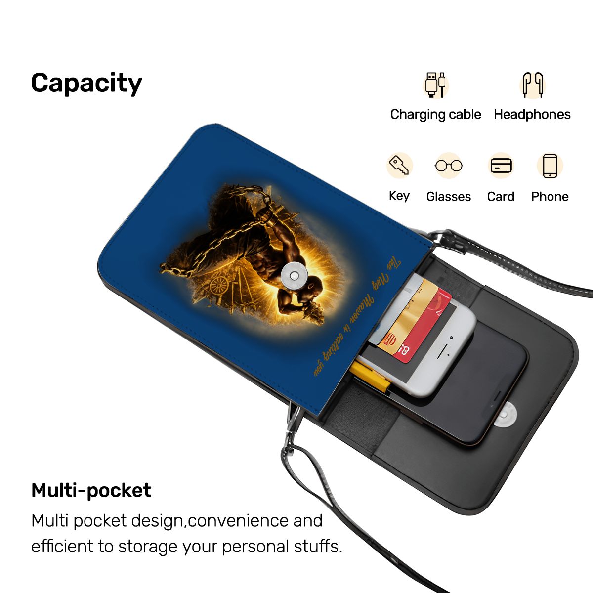 Multifunctional pouch with compartments for charging cable, headphones, key, glasses, card, and phone on a white background.