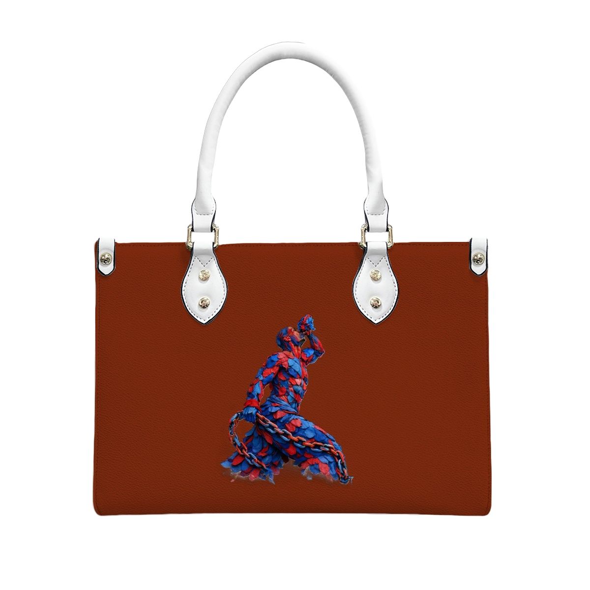 Brown handbag with a blue and red floral design on a white background