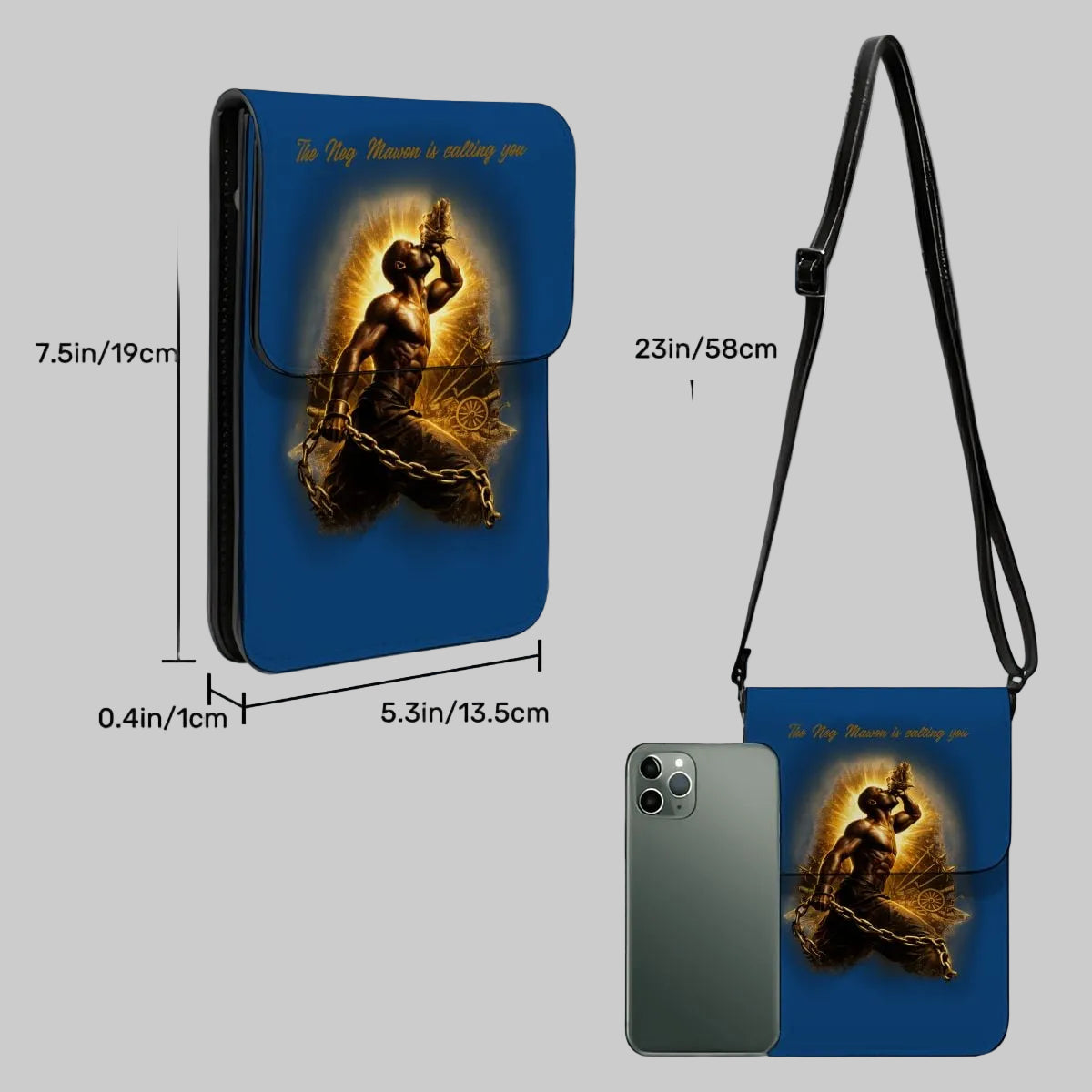 Blue crossbody bag with artistic design and measurements on a white background