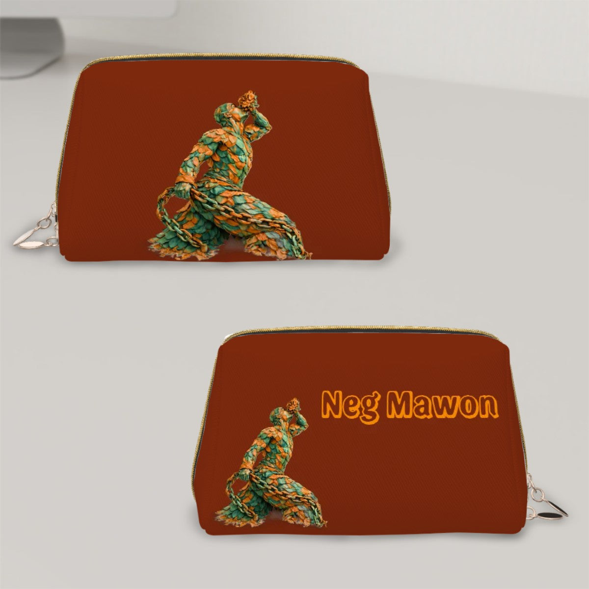 Women's Faux Leather Makeup Bag – Gold & Orange Neg Mawon Edition | Luxury Cosmetic Pouch