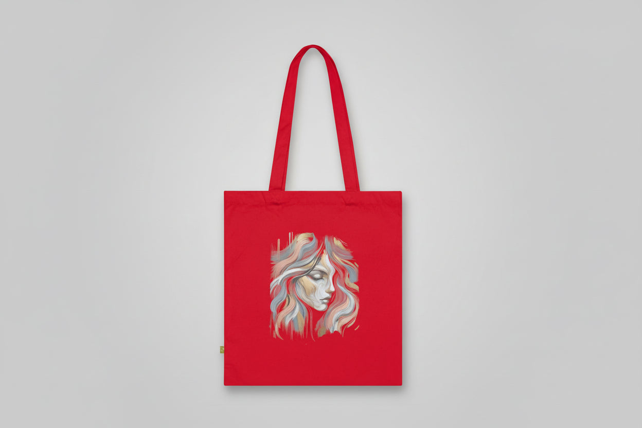 Red tote bag with a colorful face design on a white background