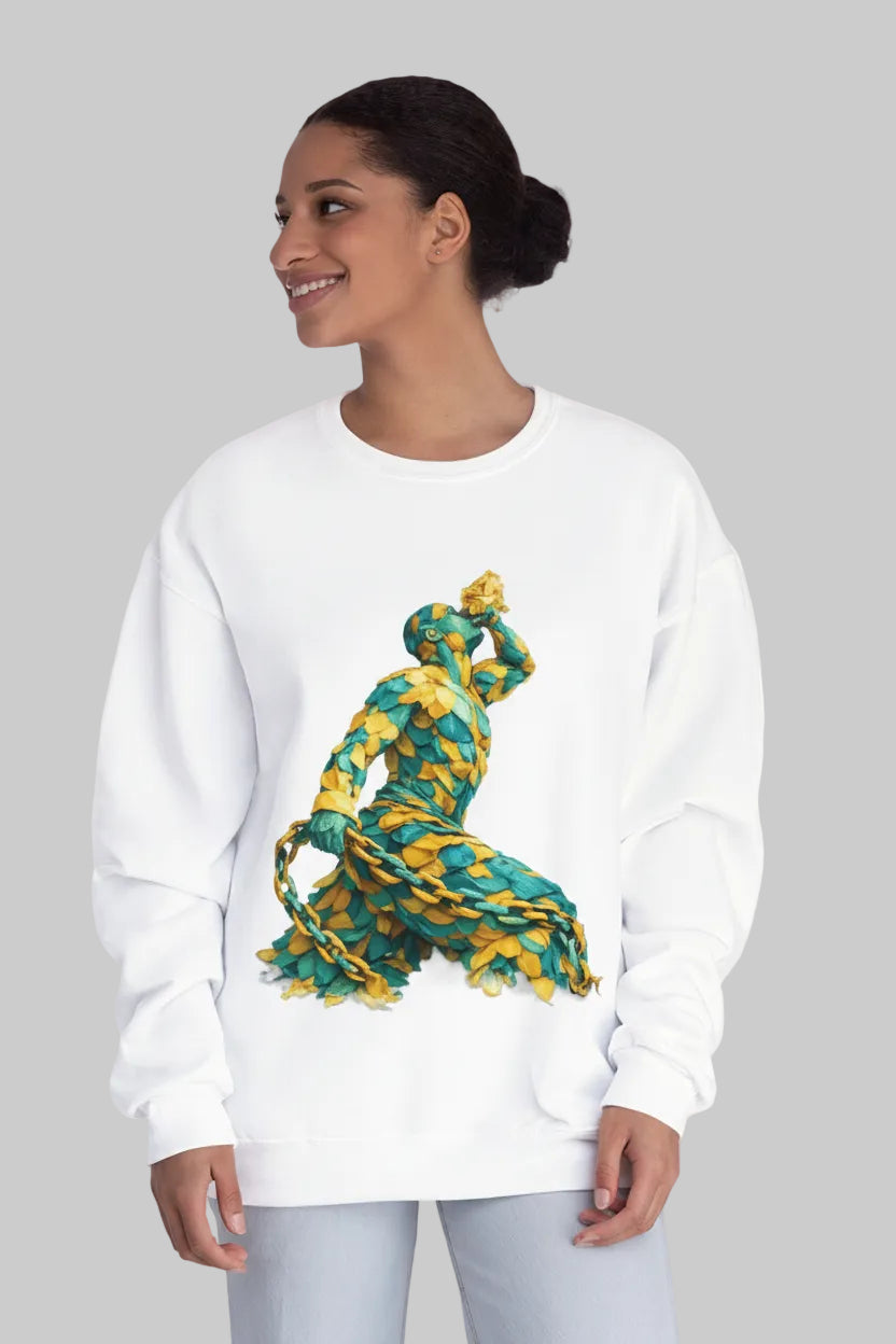 Woman wearing a white sweatshirt with a colorful design on a plain background