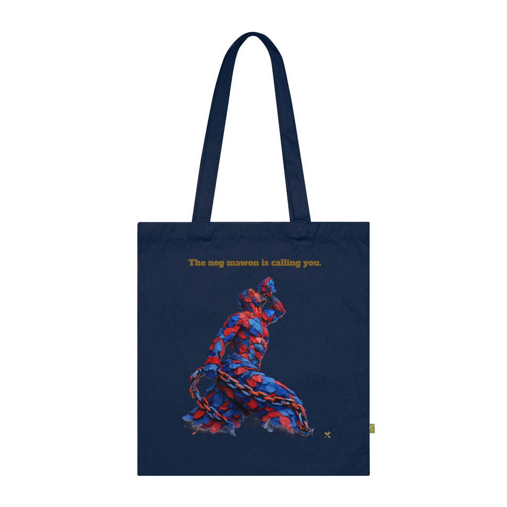 Navy tote bag with colorful design and text on a white background