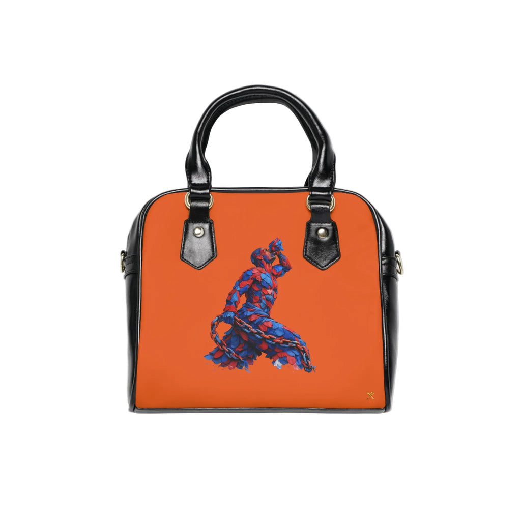 Orange handbag with a blue and red design on a white background