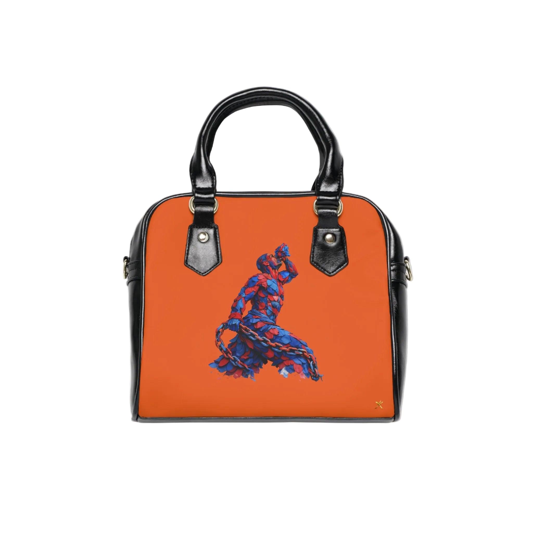 Orange handbag with a blue and red design on a white background