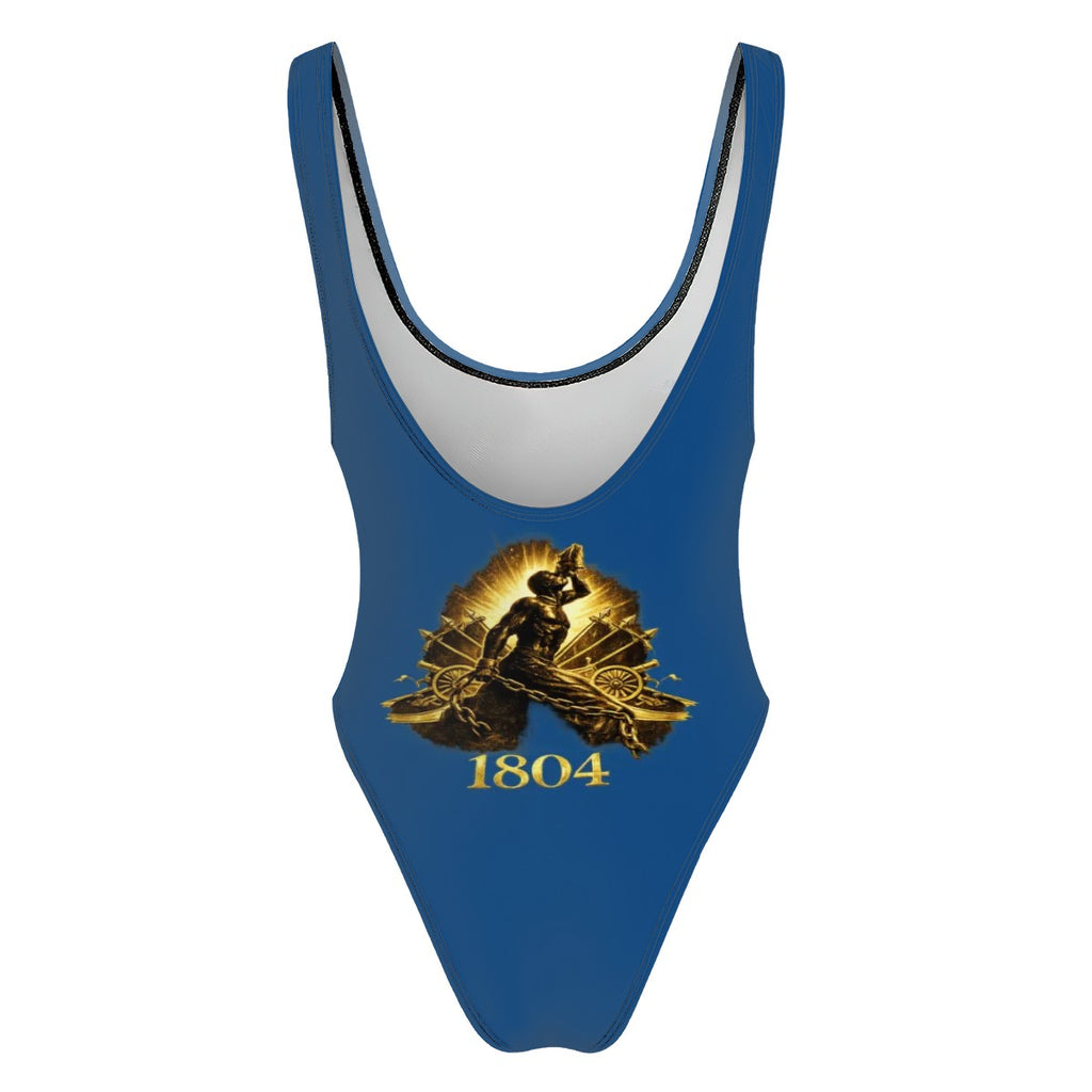 Blue swimsuit with gold design and '1804' text on a white background