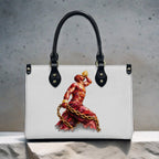 Sac cabas en PU pour femmes InervoX Vision jeune garçon Eldar Beleu et rouge Silhouette musclée sculptée dans des pétales rouges pixel clair Silhouette musclée sculptée dans des pétales X doré avec flammes entrelacées (1)