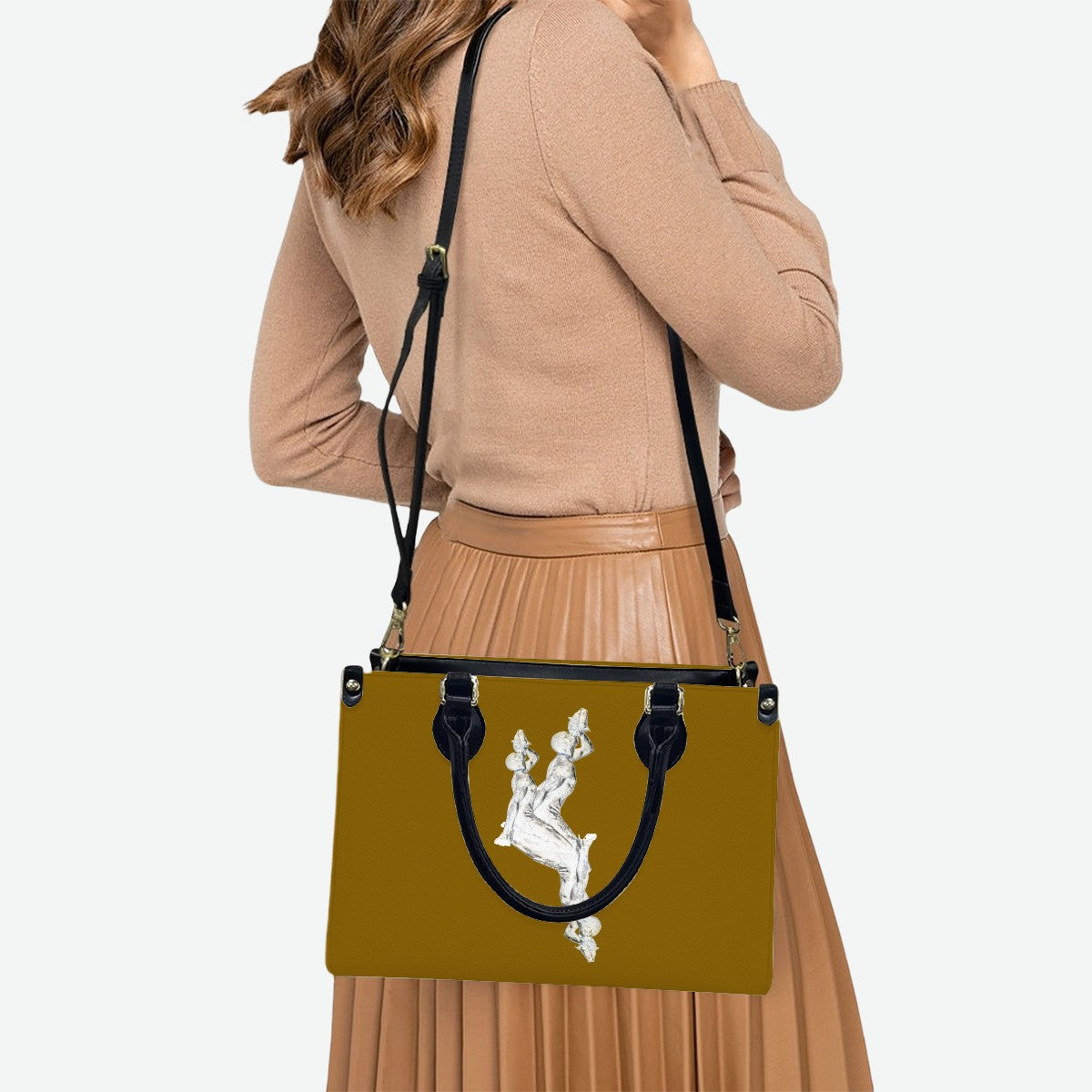 PU Tote Bag for Women with Artistic Neg Marron