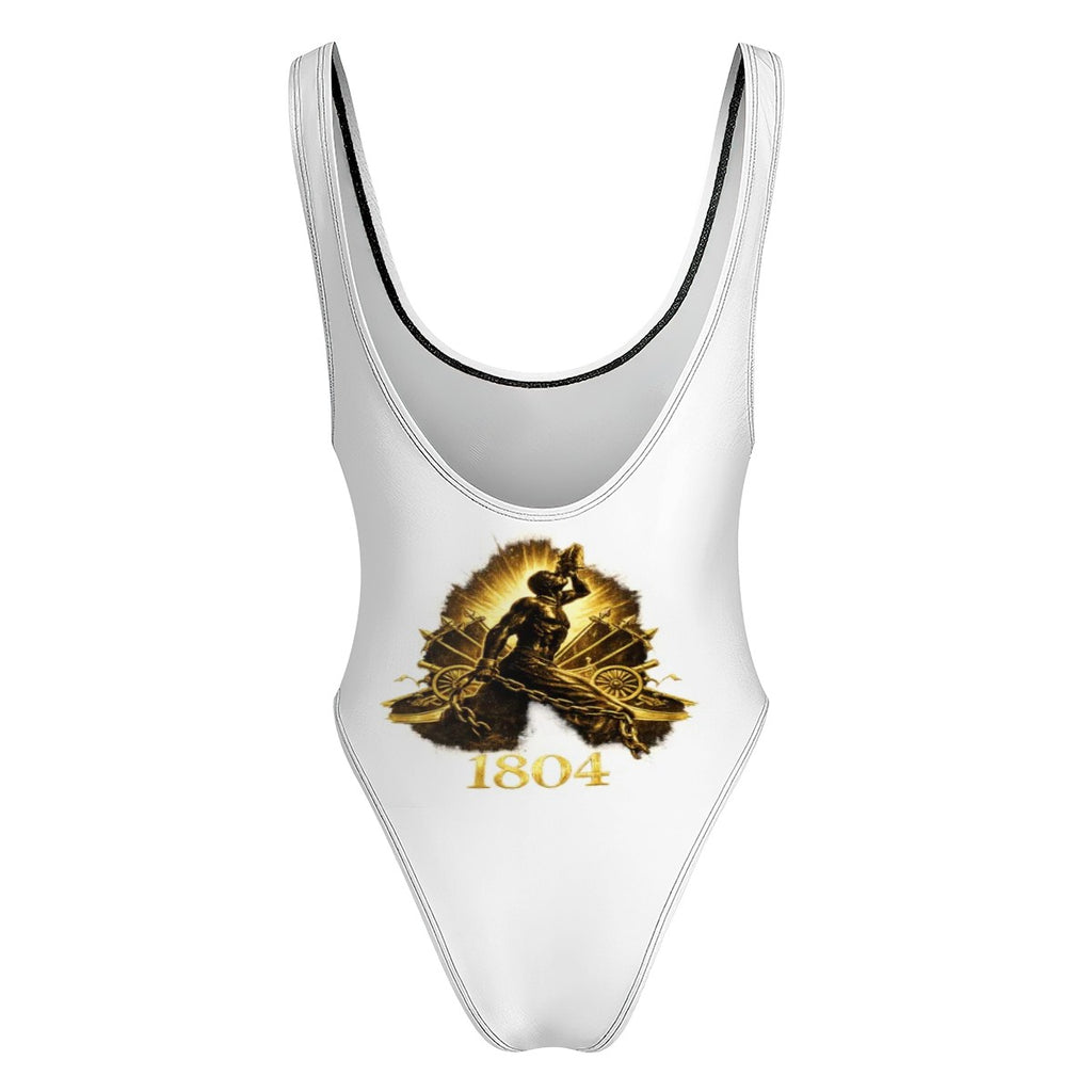 White swimsuit with gold graphic and '1804' text on a white background