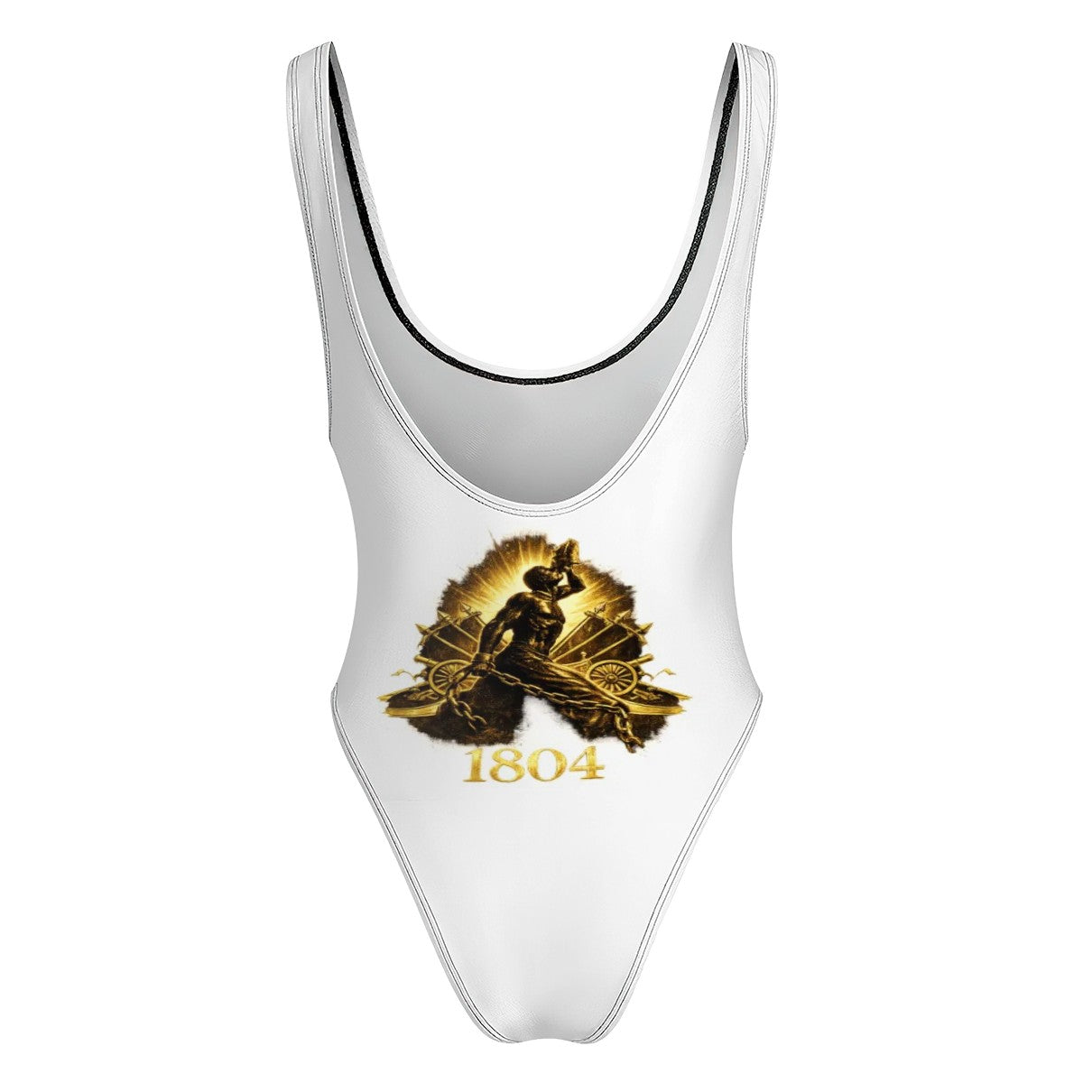 White swimsuit with gold graphic and '1804' text on a white background