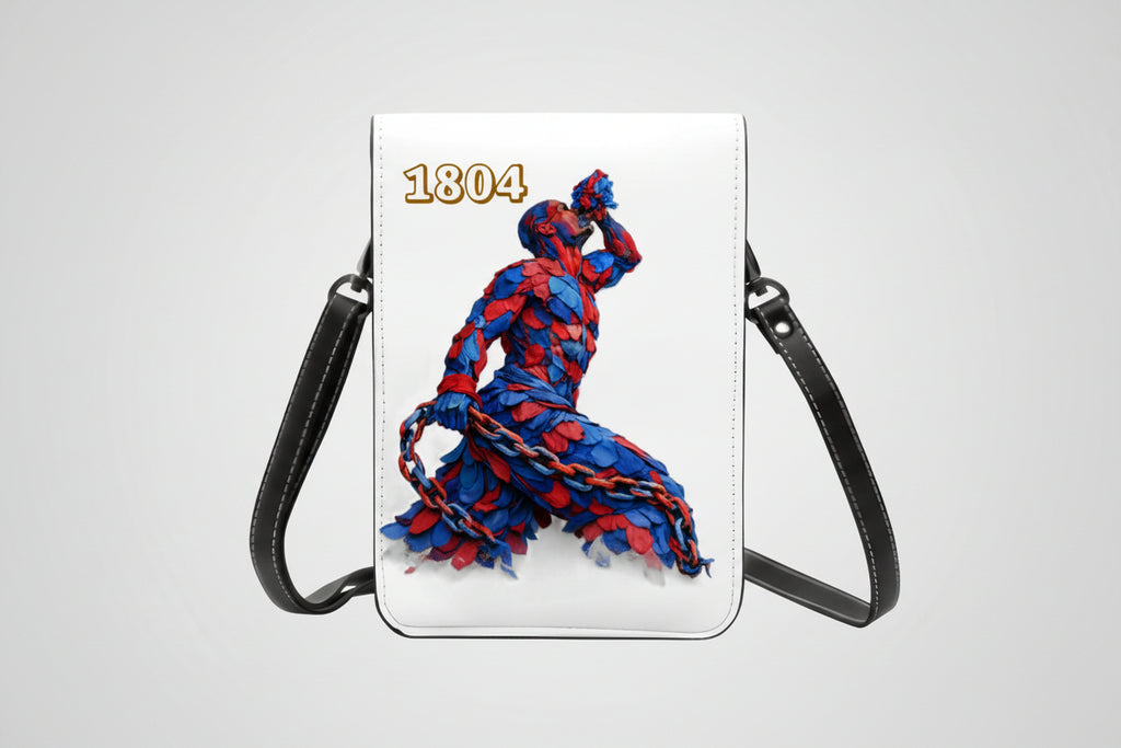 Crossbody bag with a colorful design of a person in a red and blue dress from 1804 on a white background.