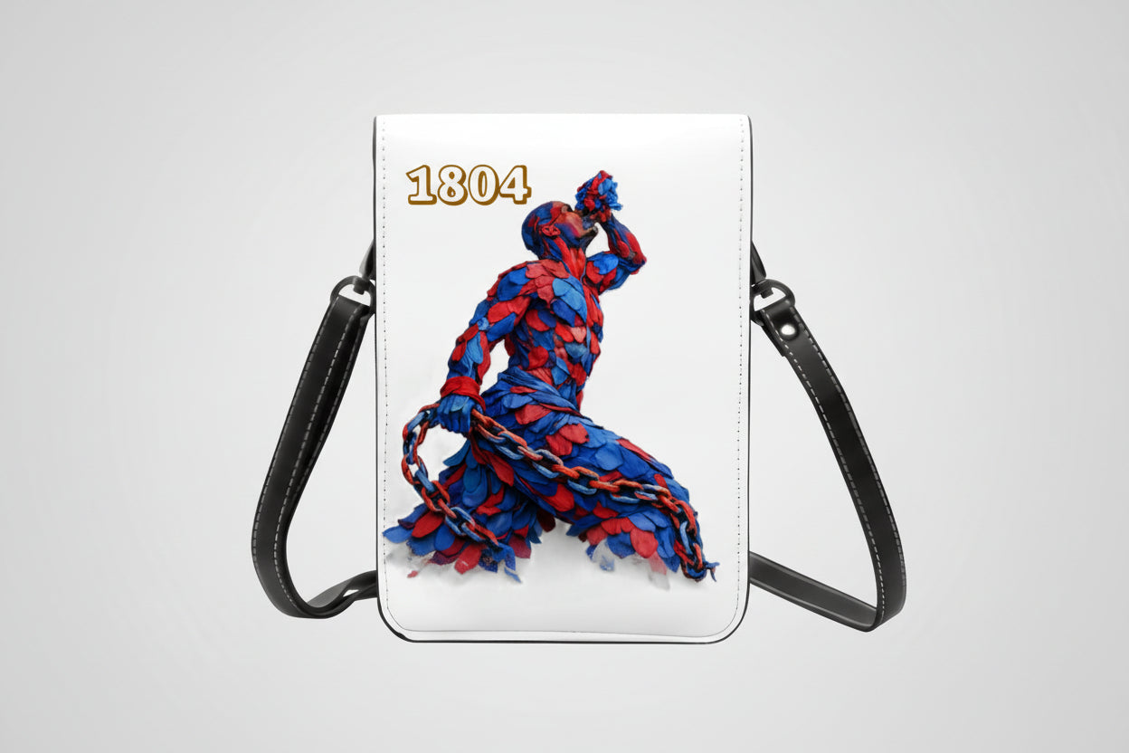Crossbody bag with a colorful design of a person in a red and blue dress from 1804 on a white background.