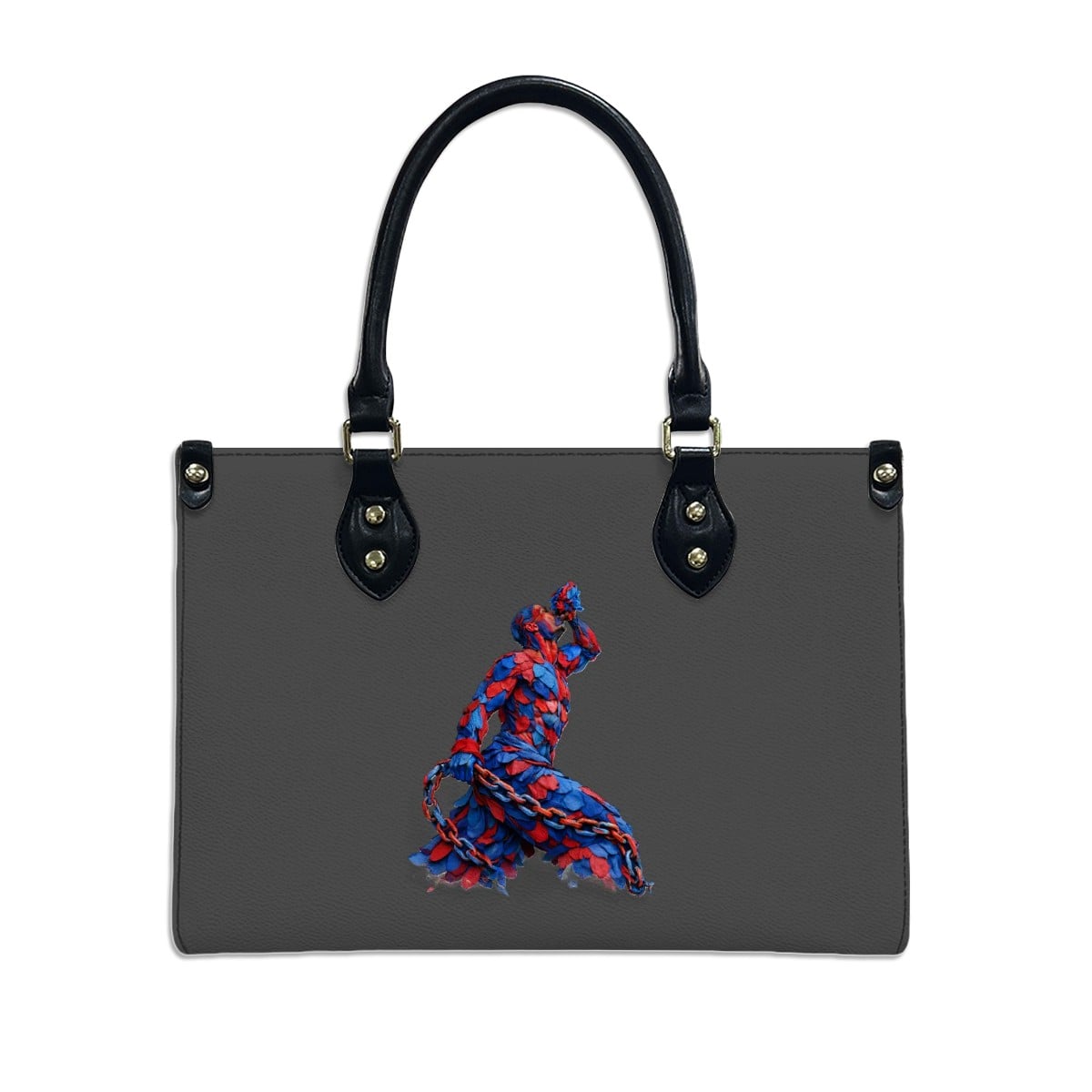 Black handbag with a colorful abstract design on a white background