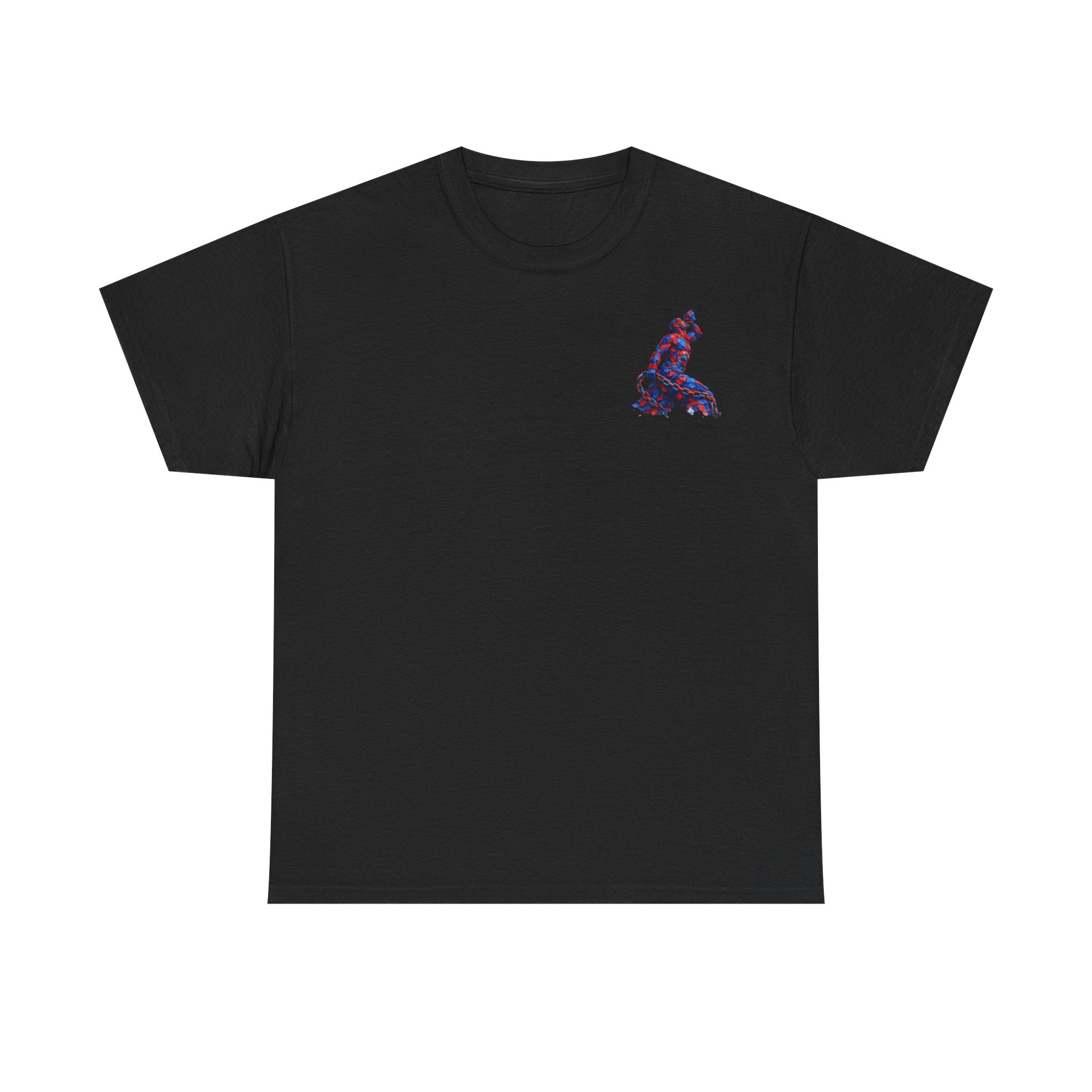 Black t-shirt with a colorful graphic on the chest against a white background