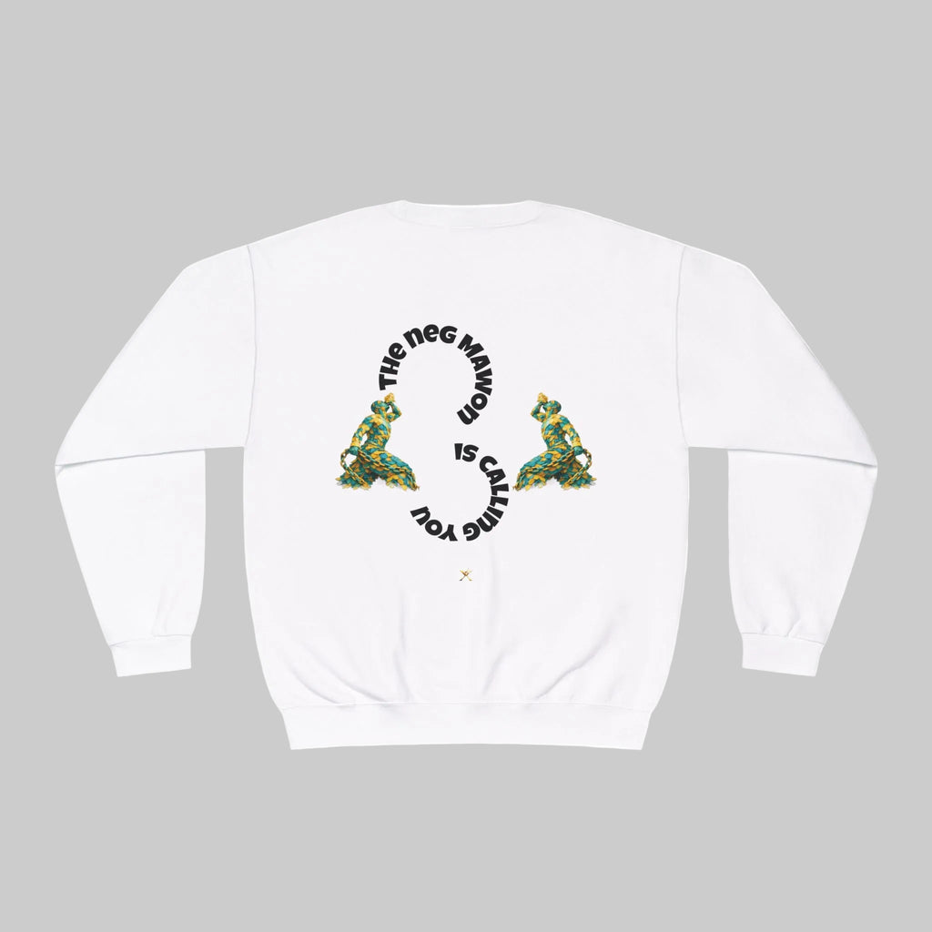 White sweatshirt with graphic design and text on a white background