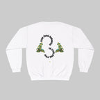 White sweatshirt with graphic design and text on a white background