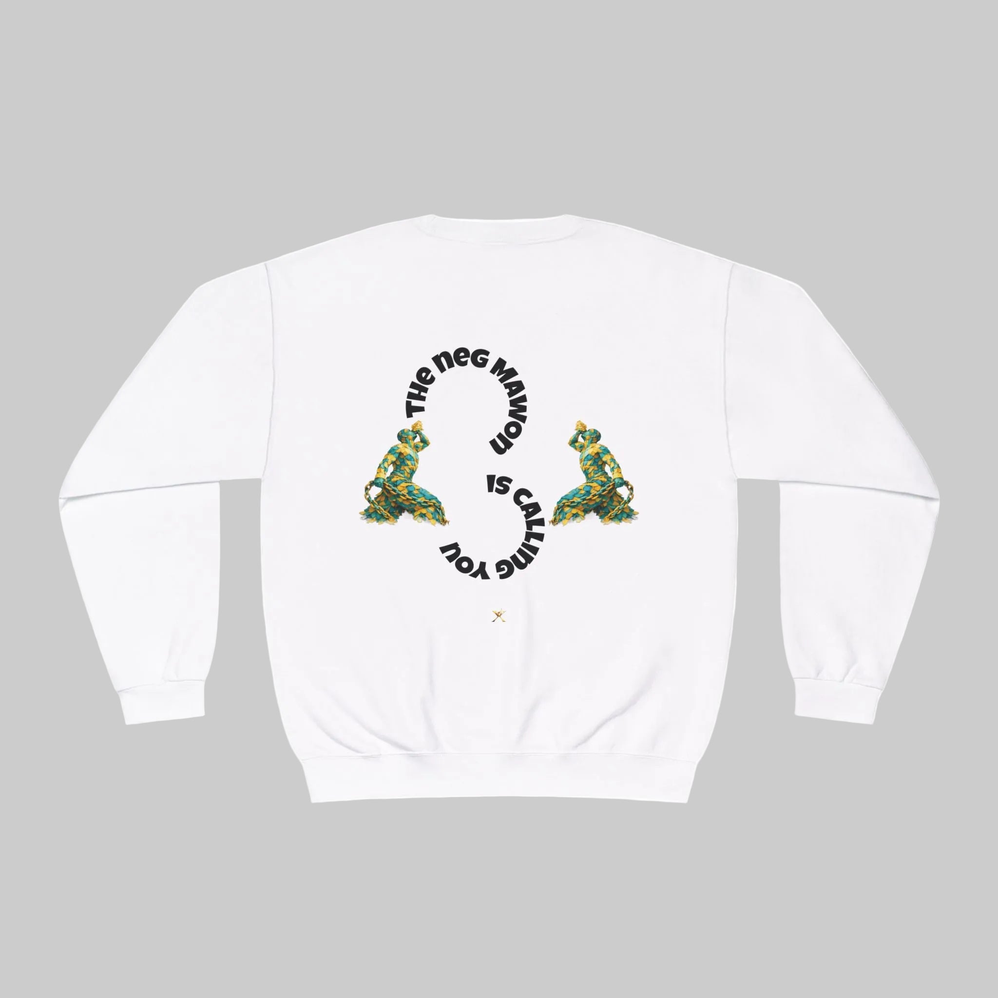 White sweatshirt with graphic design and text on a white background