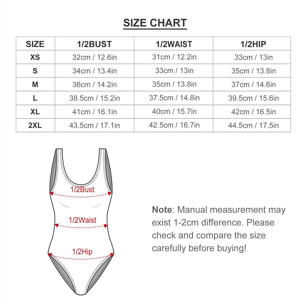 Size chart for a swimsuit with measurements in centimeters and inches.