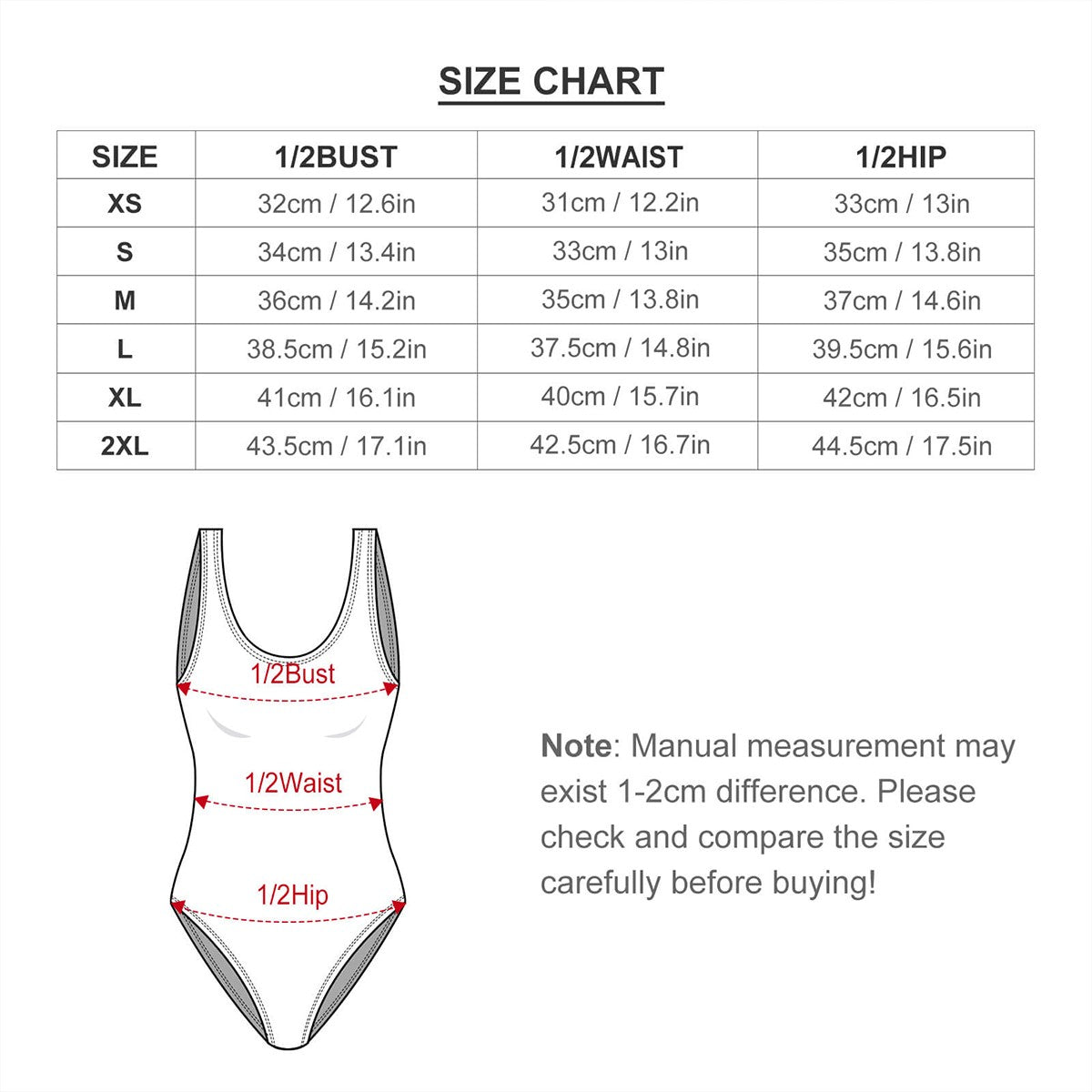 Size chart for a swimsuit with measurements in centimeters and inches.