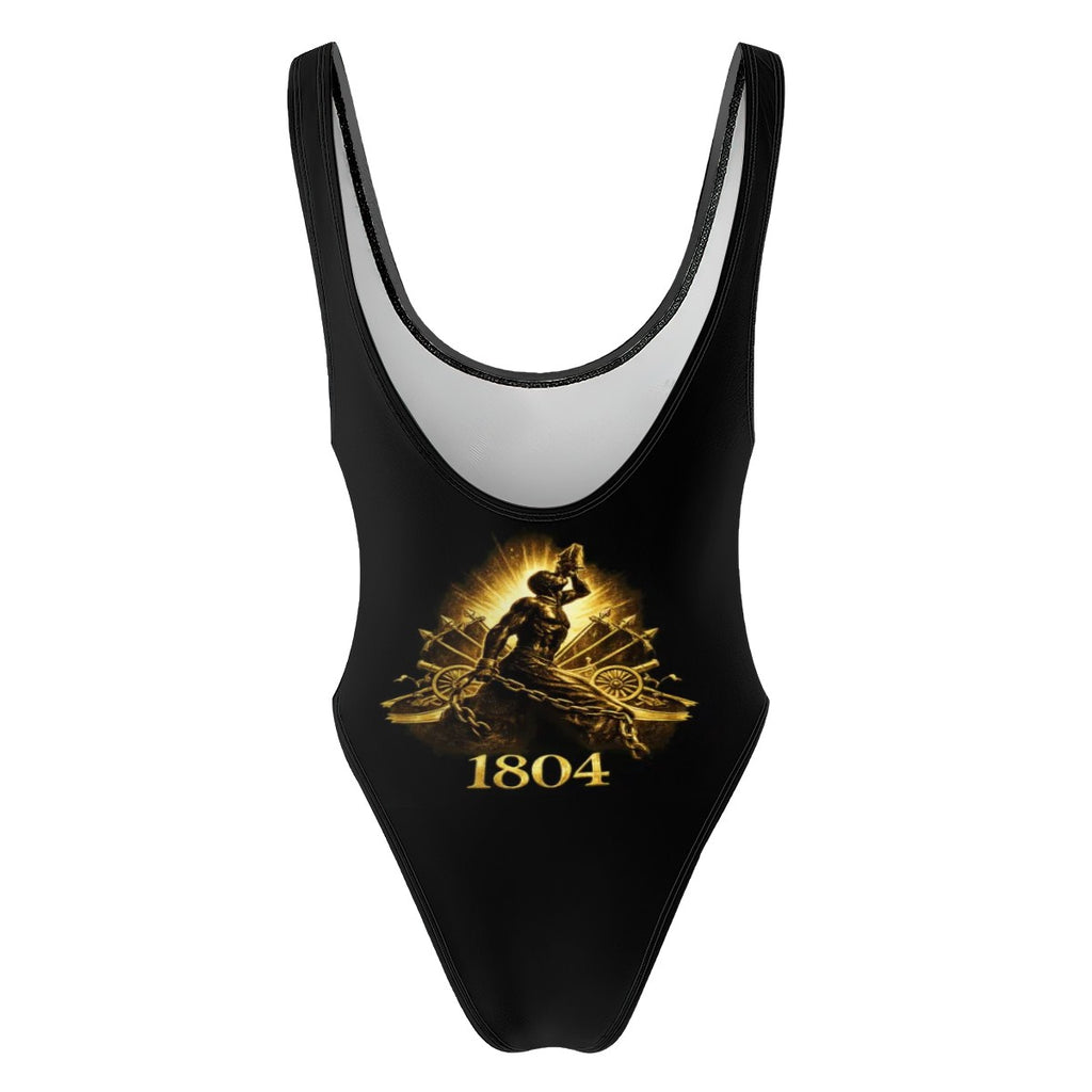 Black swimsuit with gold graphic and '1804' text on a white background