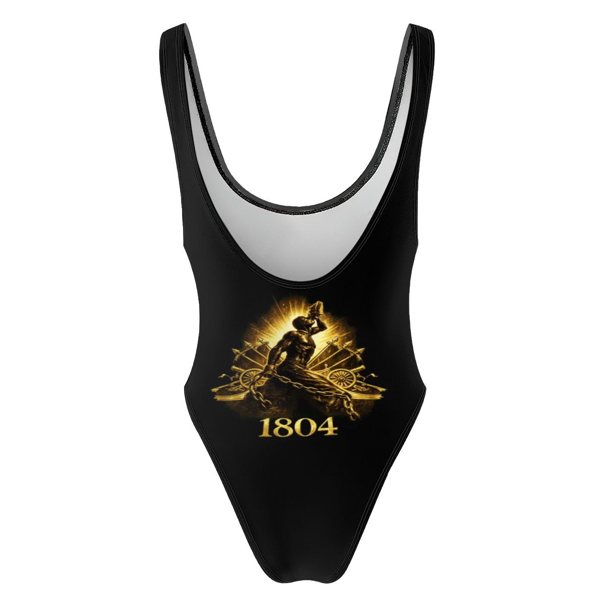 Black swimsuit with gold graphic and '1804' text on a white background