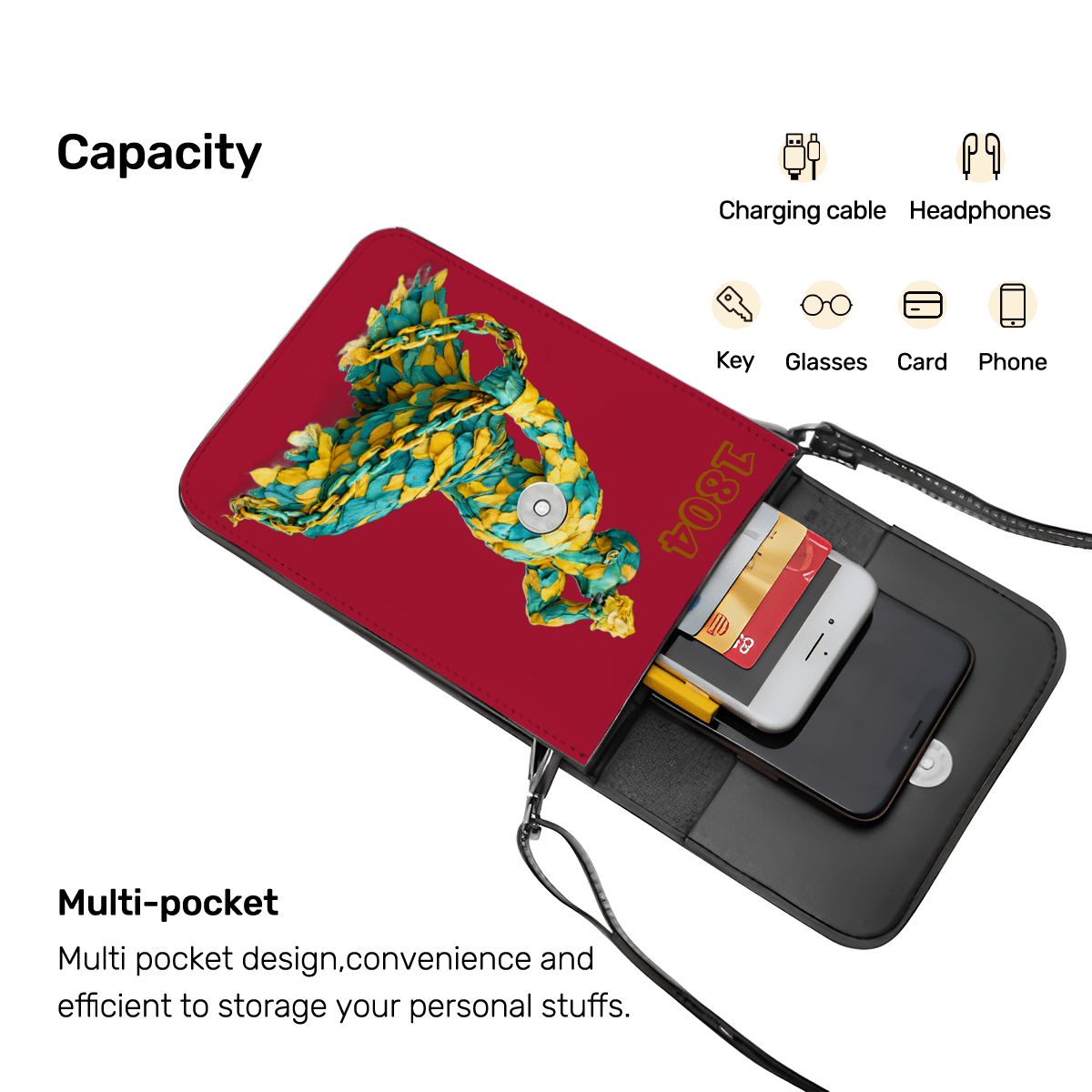 Leather Cell Phone Purse With Shoulder- Green & Yellow Neg Mawon The calling