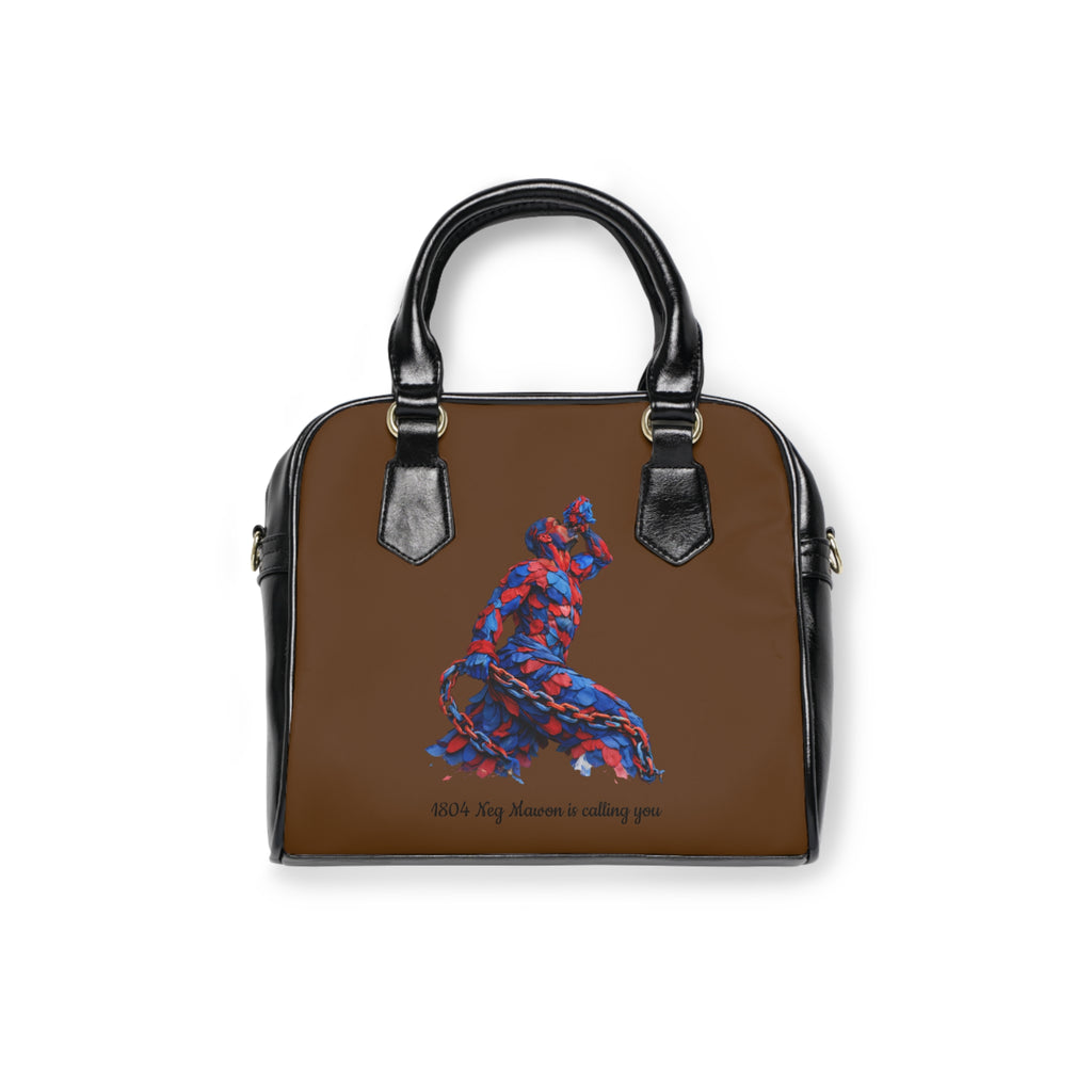 Brown handbag with a colorful wolf design and text on a white background